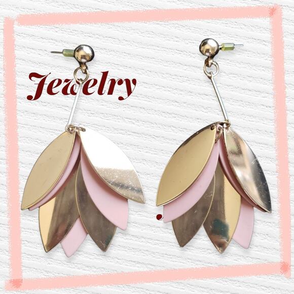 Vintage oval leaf shaped drop metal gold-tone pink statement dangle earrings - Picture 1 of 3
